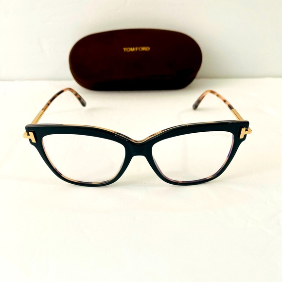 Tom Ford 5704 005 Shiny Black Gold / Blue Block Eyeglasses TF5704 005 54mm